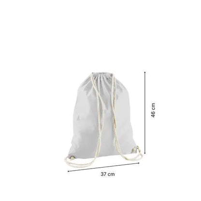 Light grey drawstring cotton gymsac with custom print, 37 × 46 cm, shown with height and width measurement markings