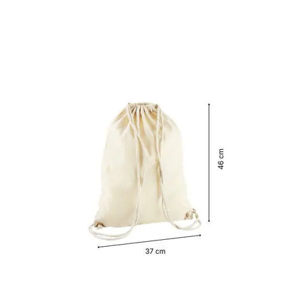 Natural white drawstring cotton gymsac with custom print, 37 × 46 cm, shown with height and width measurement markings