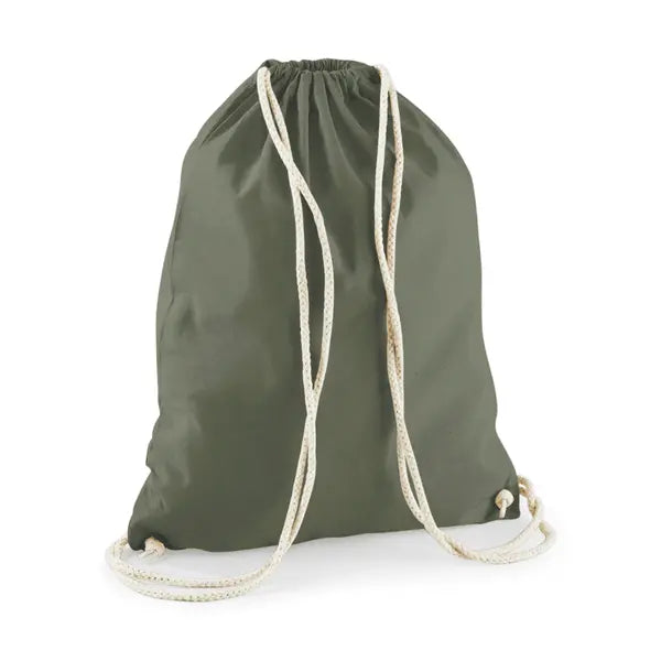 Olive green drawstring cotton gymsac with custom logo print, 140 g/m²