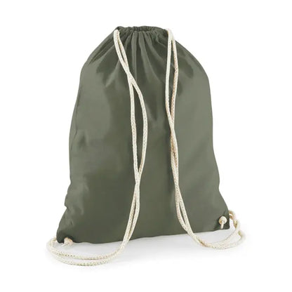 Olive green drawstring cotton gymsac with custom logo print, 140 g/m²