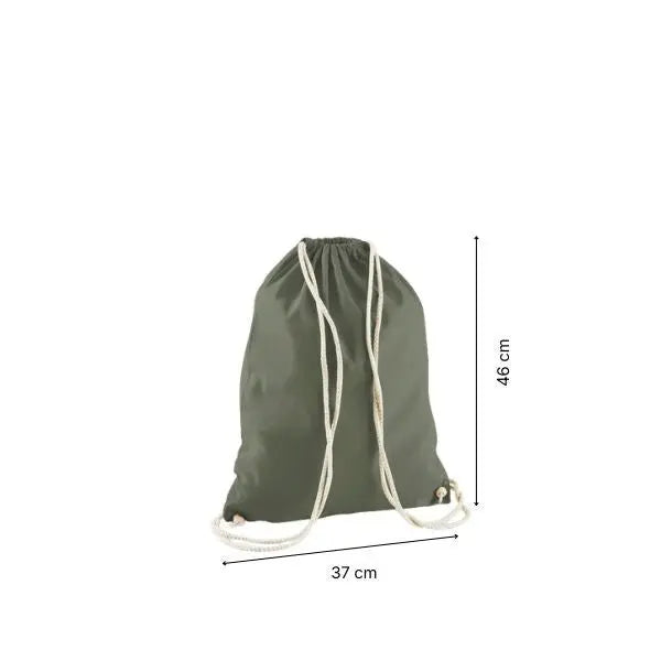 Olive green drawstring cotton gymsac with custom print, 37 × 46 cm, shown with height and width measurement markings