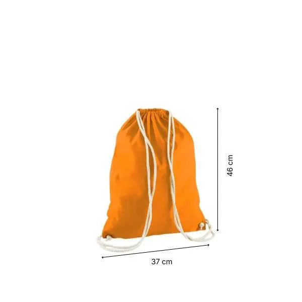 Orange drawstring cotton gymsac with custom print, 37 × 46 cm, shown with height and width measurement markings