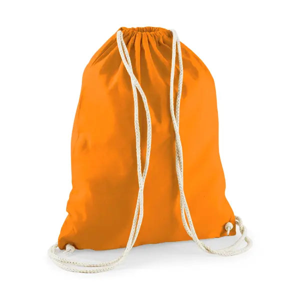 Orange drawstring cotton gymsac with custom logo print, 140 g/m²