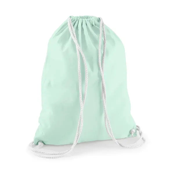 Gymnastikpose i bomuld med snoretræk og eget tryk, pastel mintgrøn og hvid