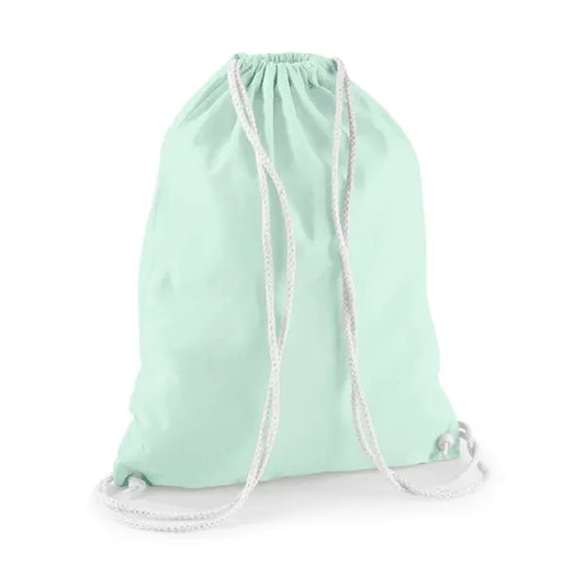 Pastel mint green drawstring cotton gymsac with white cords and custom logo print, 140 g/m²
