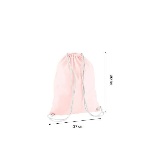 Mochila saco de algodón rosa pastel con estampado personalizado, 37 × 46 cm, con marcas de altura y anchura