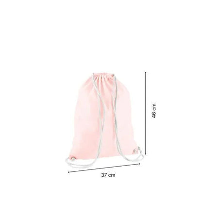 Mochila saco de algodón rosa pastel con estampado personalizado, 37 × 46 cm, con marcas de altura y anchura