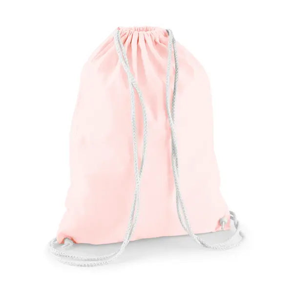 Mochila saco de algodón rosa pastel con cordones blancos y logotipo estampado personalizado, 140 g/m²