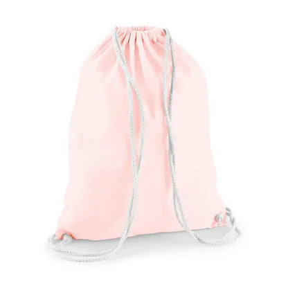 Mochila saco de algodón rosa pastel con cordones blancos y logotipo estampado personalizado, 140 g/m²