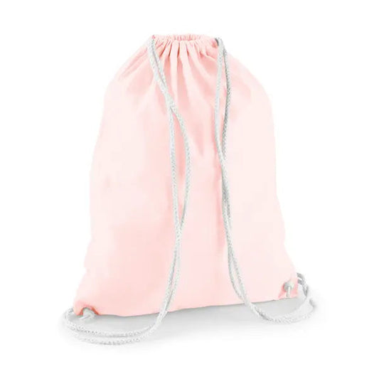 Pastel pink drawstring cotton gymsac with white cords and custom logo print, 140 g/m²