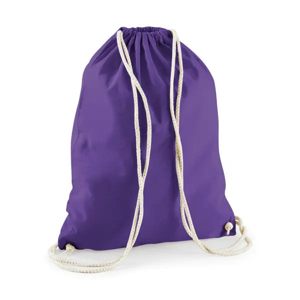 Purple drawstring cotton gymsac with custom logo print, 140 g/m²