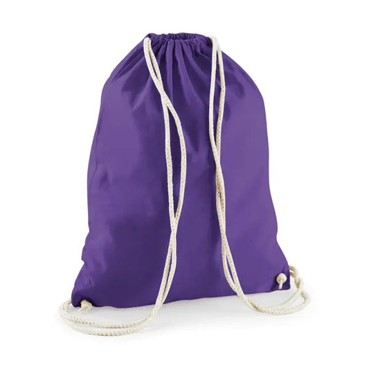 Purple drawstring cotton gymsac with custom logo print, 140 g/m²