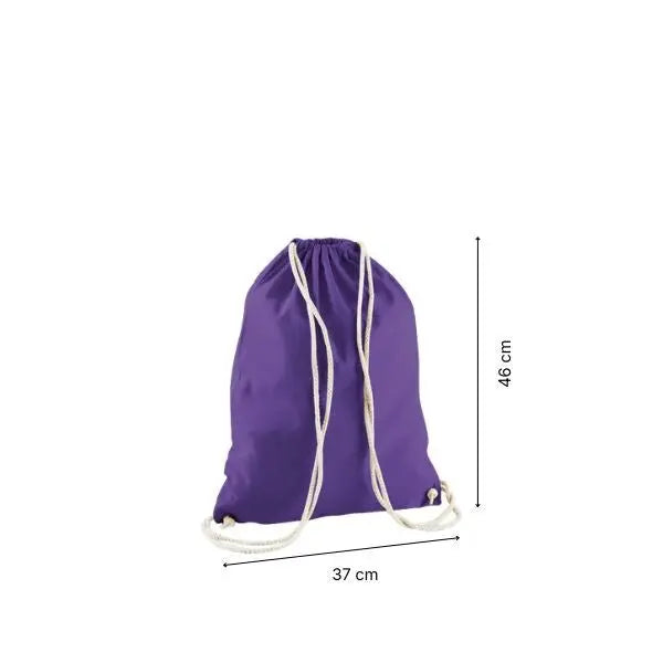 Purple drawstring cotton gymsac with custom print, 37 × 46 cm, shown with height and width measurement markings