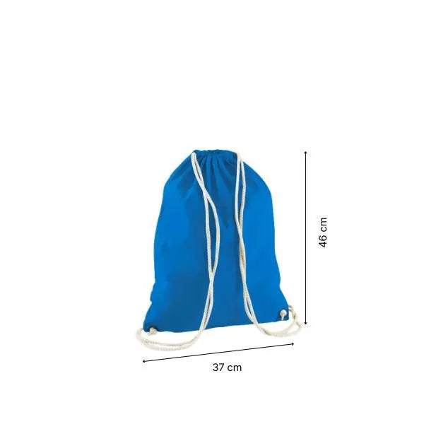 Sapphire blue drawstring cotton gymsac with custom print, 37 × 46 cm, shown with height and width measurement markings