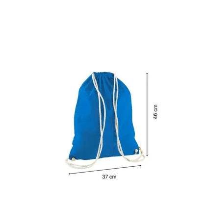 Sapphire blue drawstring cotton gymsac with custom print, 37 × 46 cm, shown with height and width measurement markings