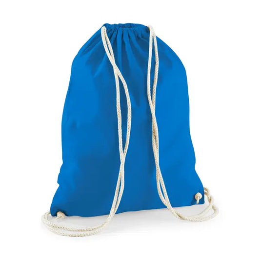 Sapphire blue drawstring cotton gymsac with custom logo print, 140 g/m²