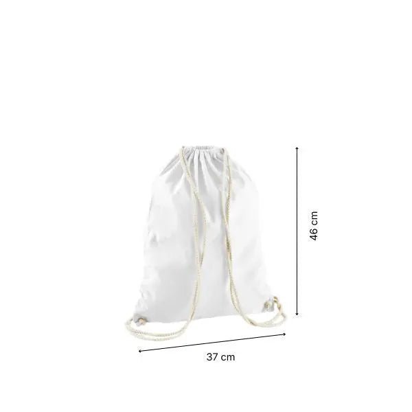 Sac à cordon en coton blanc neige avec impression personnalisée, 37 × 46 cm, avec repères de hauteur et de largeur