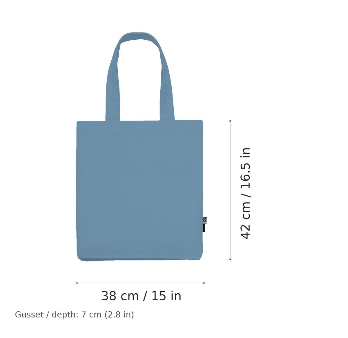 Dusty indigo blue Fairtrade organic twill cotton tote bag with logo print, 210 g/m², 38 × 42 cm with 7 cm gusset, shown with width and height measurement markings