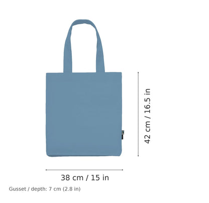 Dusty indigo blue Fairtrade organic twill cotton tote bag with logo print, 210 g/m², 38 × 42 cm with 7 cm gusset, shown with width and height measurement markings