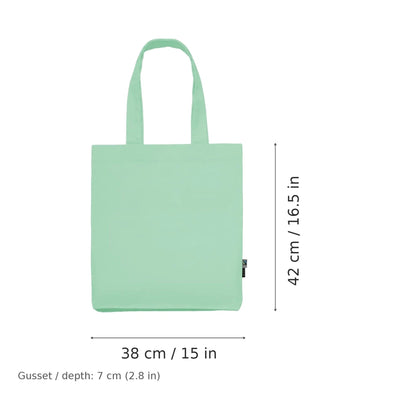 Bolsa de tela de sarga de algodón orgánico Fairtrade verde menta apagado con logotipo estampado, 210 g/m², 38 × 42 cm con fuelle de 7 cm, con marcas de ancho y alto