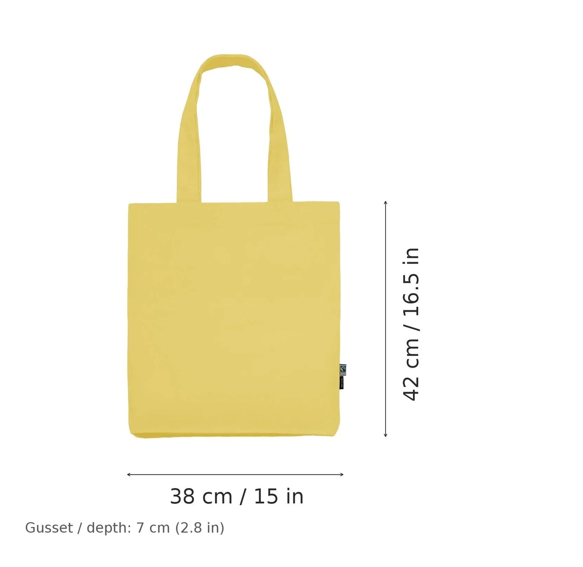 Dusty yellow Fairtrade organic twill cotton tote bag with logo print, 210 g/m², 38 × 42 cm with 7 cm gusset, shown with width and height measurement markings