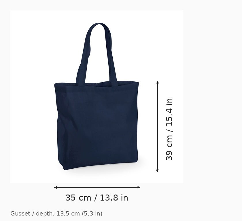 Grand tote bag à soufflet en coton bleu marine avec impression logo, 140 g/m², 35 × 39 cm avec soufflet de 13,5 cm, avec dimensions de largeur et de hauteur