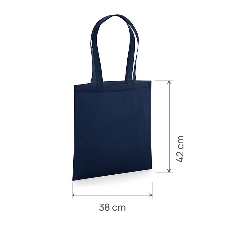 French Navy Blue GOTS certified organic premium cotton tote bag, 200 g/m², 38 × 42 cm, shown with height and width measurement markings