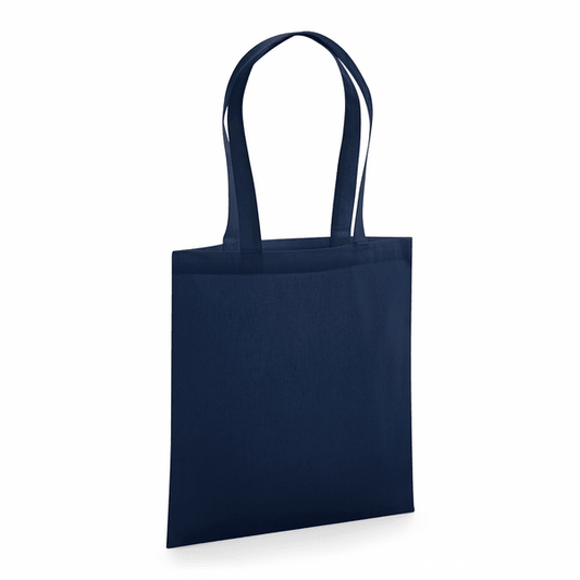 Tote bag en coton bio premium bleu marine certifié GOTS avec anses longues et impression de logo personnalisée, 200 g/m², 38 × 42 cm