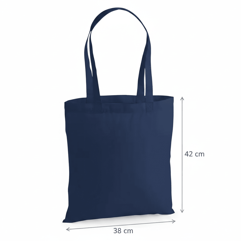 Marineblå premium-mulepose i bomuld 200 g/m² med mål i cm og tommer