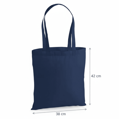 Marineblå premium-mulepose i bomuld 200 g/m² med mål i cm og tommer