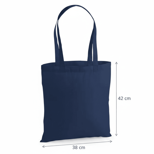 Sac cabas premium en coton bleu marine 200 g/m² avec dimensions en cm et en pouces