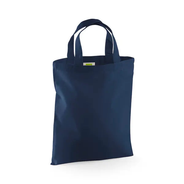 French navy mini cotton tote bag with short handles and custom logo print, 140 g/m², 26 × 32.5 cm