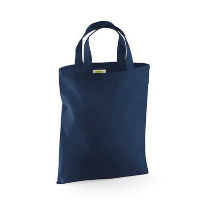 French navy mini cotton tote bag with short handles and custom logo print, 140 g/m², 26 × 32.5 cm