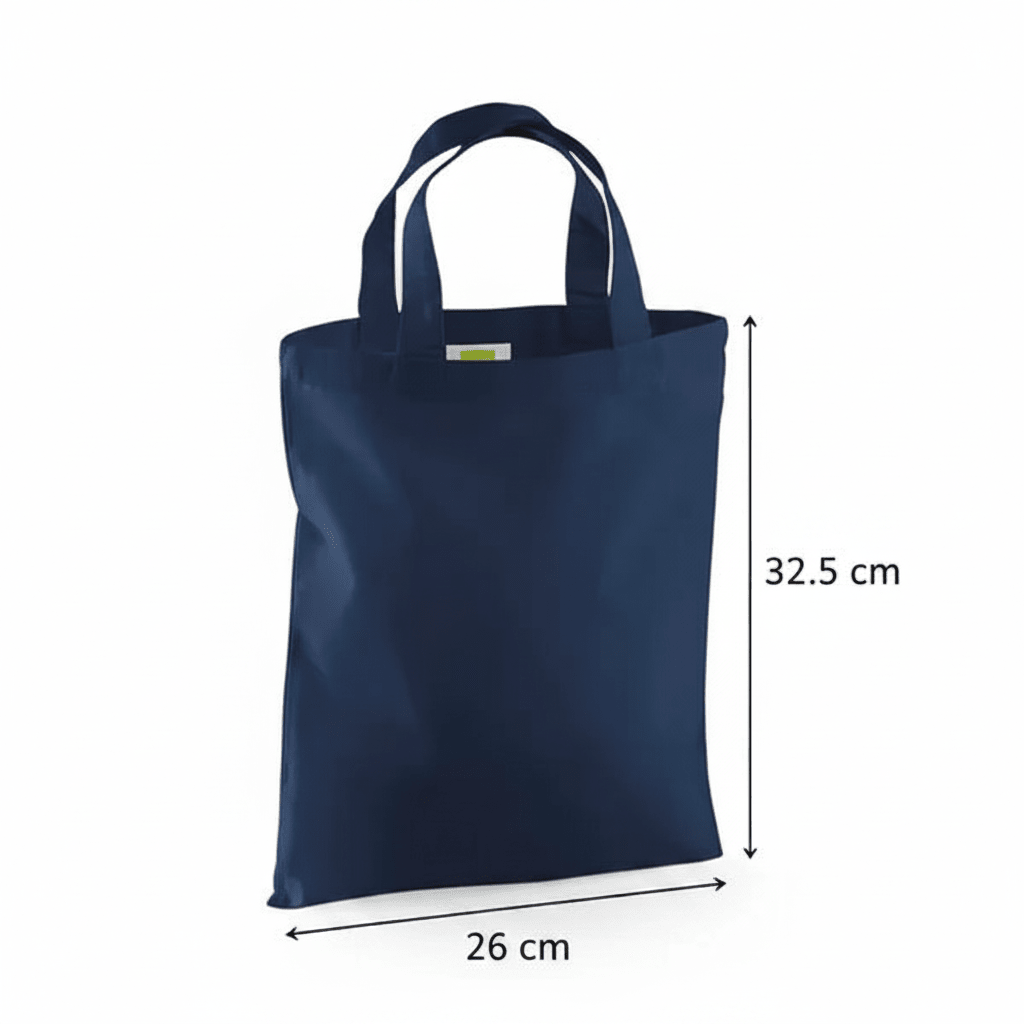 French navy mini cotton tote bag with custom print, 26 × 32.5 cm, shown with height and width measurement markings