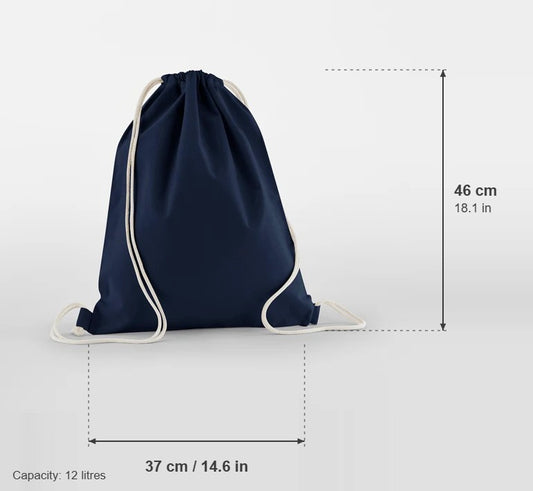 Luomupuuvillainen kiristysnyöripussi, väri Laivastonsininen, 140 g/m², mitat: leveys 37 cm, korkeus 46 cm, tilavuus 12 litraa