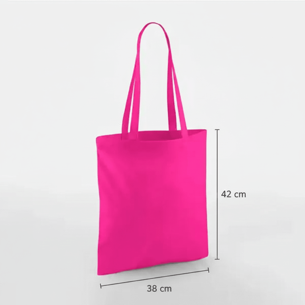 Fuchsia pink classic cotton tote bag with long handles and custom print, 38 × 42 cm, shown with height and width measurement markings