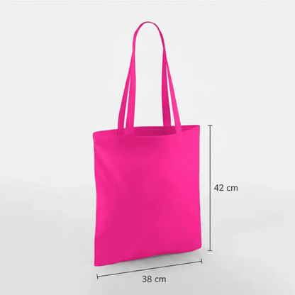 Fuchsia pink classic cotton tote bag with long handles and custom print, 38 × 42 cm, shown with height and width measurement markings