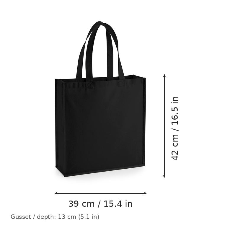 Borsa in tela Gallery con soffietti nera con stampa personalizzata, 407 g/m², 39 × 42 cm con soffietto da 13 cm, con misure di larghezza e altezza