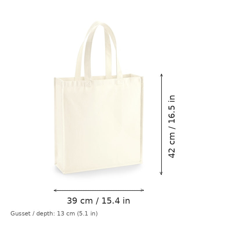 Tote bag personnalisé Gallery Canvas naturel avec impression logo, 407 g/m², 39 × 42 cm avec soufflet de 13 cm, avec dimensions de largeur et de hauteur