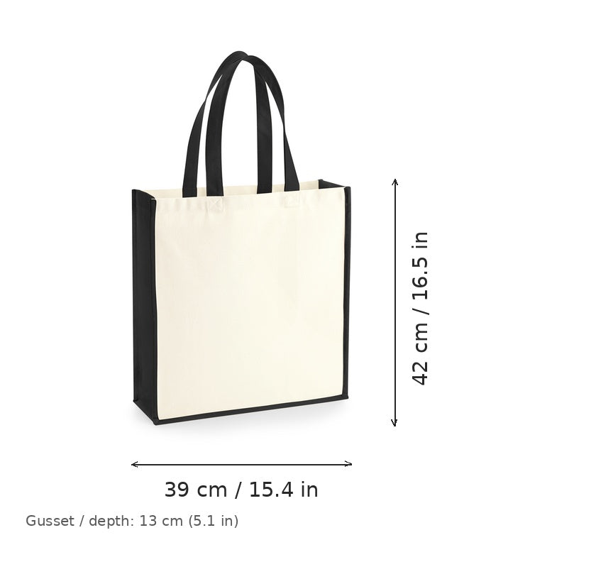 Naturfärgad och svart Gallery Canvas-tygkasse med logotryck, 407 g/m², 39 × 42 cm med 13 cm bottenveck, med mått för bredd och höjd