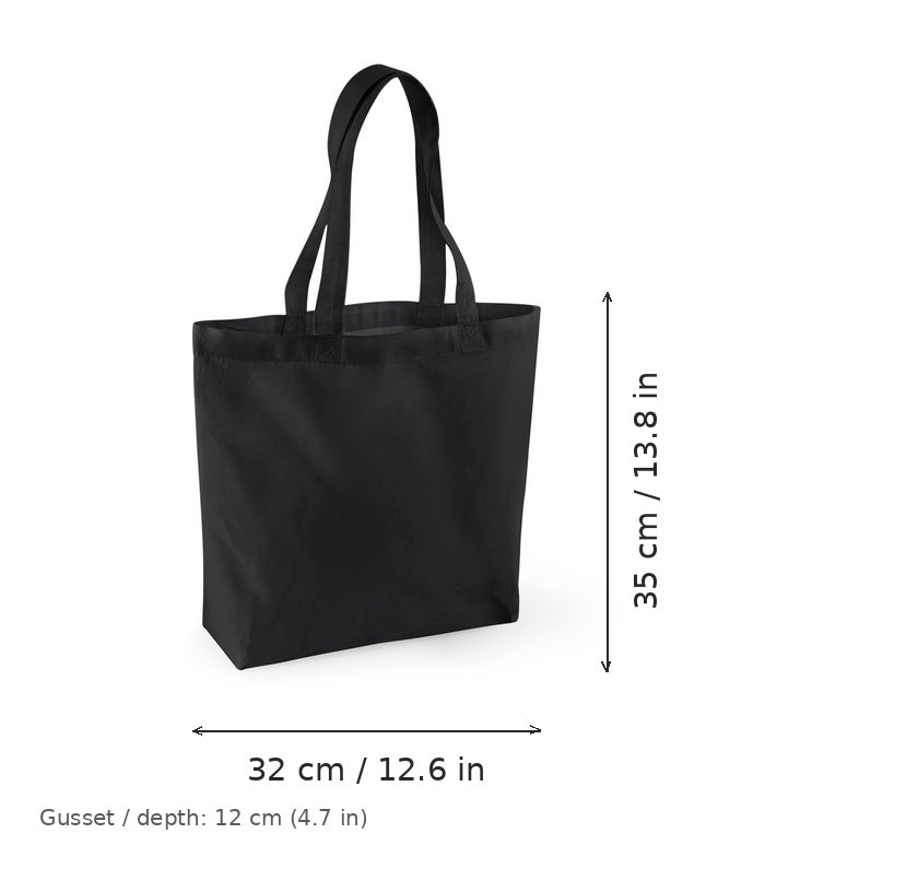 Svart ekologisk tygkasse med bottenveck och eget tryck, GOTS-certifierad, 170 g/m², 32 × 35 cm med 12 cm bottenveck, med mått för bredd och höjd