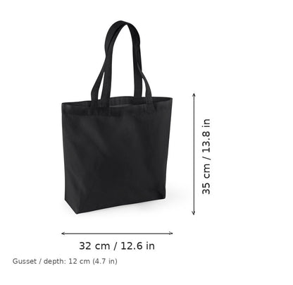 Svart ekologisk tygkasse med bottenveck och eget tryck, GOTS-certifierad, 170 g/m², 32 × 35 cm med 12 cm bottenveck, med mått för bredd och höjd