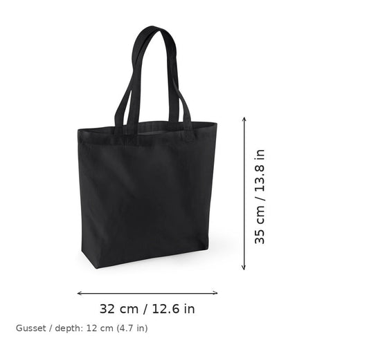 Musta luomupuuvillakassi pohjapoimulla ja omalla painatuksella, GOTS-sertifioitu, 170 g/m², 32 × 35 cm ja 12 cm:n pohjapoimu, mittakuvassa leveys ja korkeus