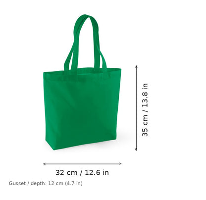 Kellygrön ekologisk tygkasse med bottenveck och eget tryck, GOTS-certifierad, 170 g/m², 32 × 35 cm med 12 cm bottenveck, med mått för bredd och höjd