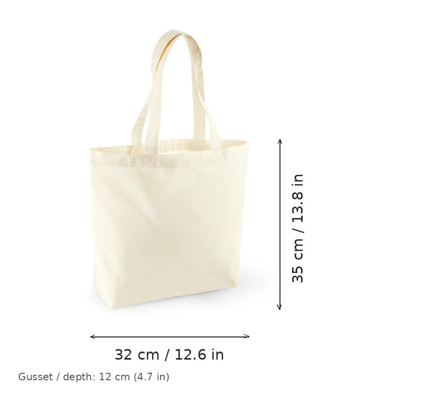Natural white gusseted organic cotton shopper with logo print, GOTS certified, 170 g/m², 32 × 35 cm with 12 cm gusset, shown with width and height measurement markings
