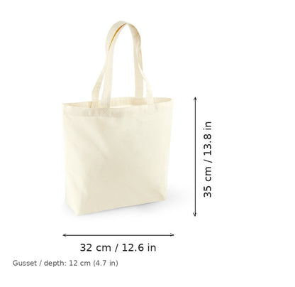 Natural white gusseted organic cotton shopper with logo print, GOTS certified, 170 g/m², 32 × 35 cm with 12 cm gusset, shown with width and height measurement markings
