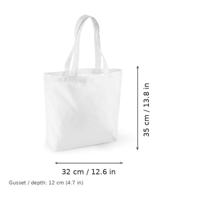 Bolsa shopper de algodón orgánico blanca con fuelle y estampado personalizado, certificada GOTS, 170 g/m², 32 × 35 cm con fuelle de 12 cm, con medidas de ancho y alto