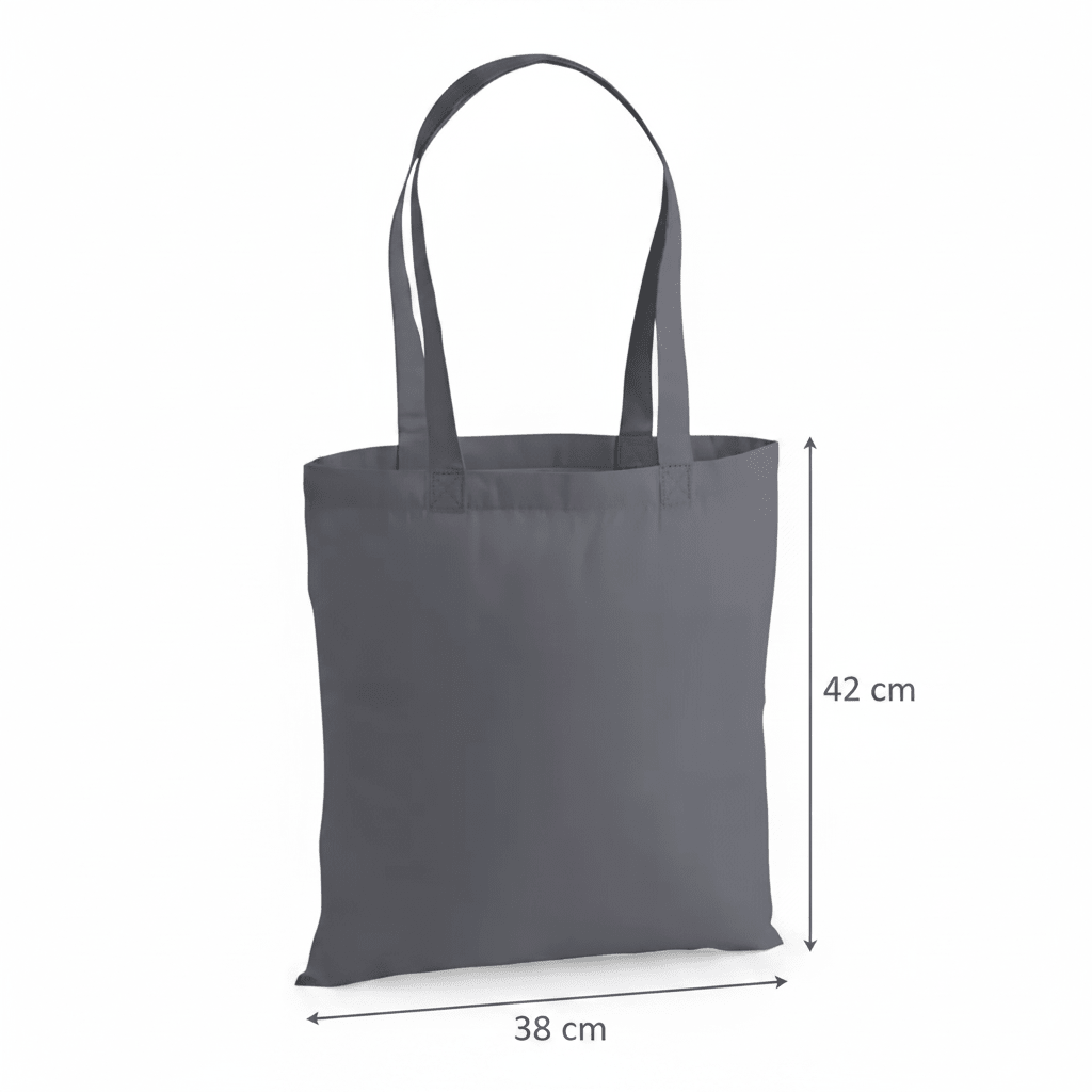 Bolsa de algodón premium gris grafito de 200 g/m² con medidas en cm y pulgadas