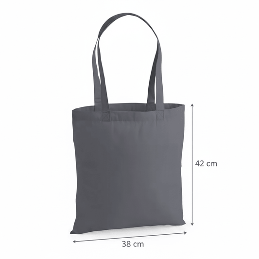 Sac cabas premium en coton gris graphite 200 g/m² avec dimensions en cm et en pouces