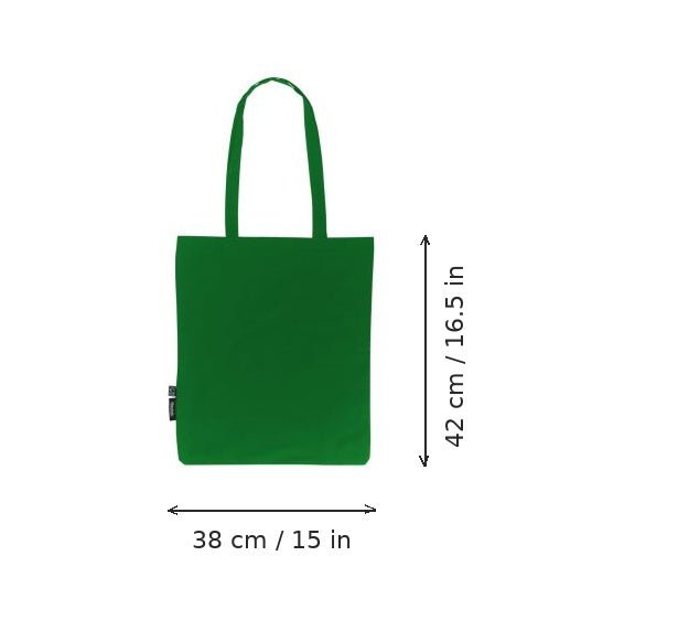Tote bag léger en coton biologique vert avec impression de logo, 120 g/m², 38 × 42 cm, avec dimensions de largeur et de hauteur